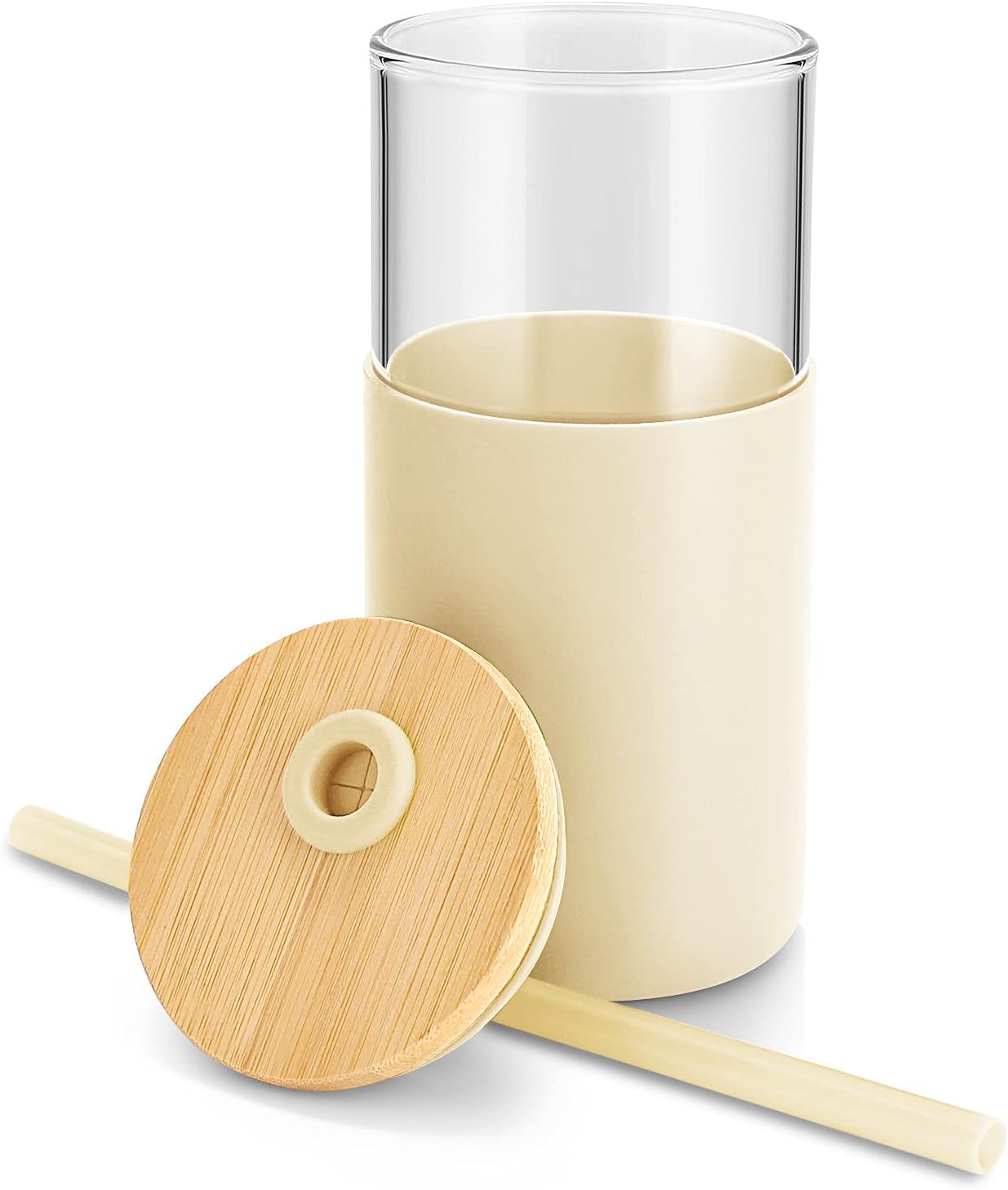 Tronco 16 oz Glass Tumbler with Straw and Bamboo Lid, Iced Coffee Cup Reusable, Smoothie Cups, Tumbler with Silicone Protective Sleeve - BPA Free