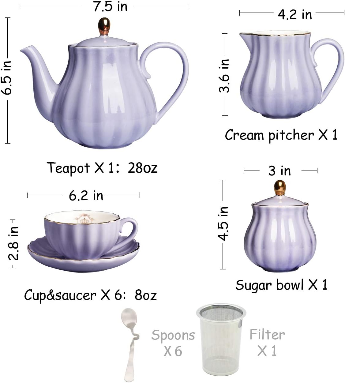 Porcelain Tea Sets British Royal Series, 8 OZ Cups& Saucer Service for 6, with Teapot Sugar Bowl Cream Pitcher Teaspoons and tea strainer for Tea/Coffee, Pukka Home(purple)