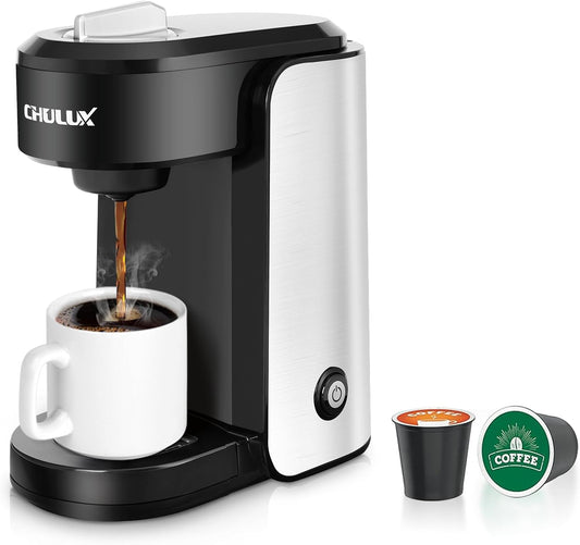 CHULUX Single Serve Coffee Maker, 1000 Watts Single Cup Stainless Steel Coffee Machine for Capsule and Ground Coffee with Graduated Water Tank, One Button Operation