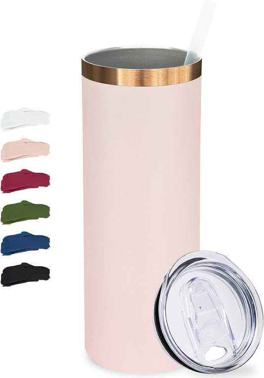 20 oz Skinny Tumblers Bulk, Stainless Steel Insulated Tumbler with Lids and Straws, Slim Double Wall Powder Coated Travel Coffee Mugs, Reusable Cup for Hot and Cold Drinks (Pink,1 pack)