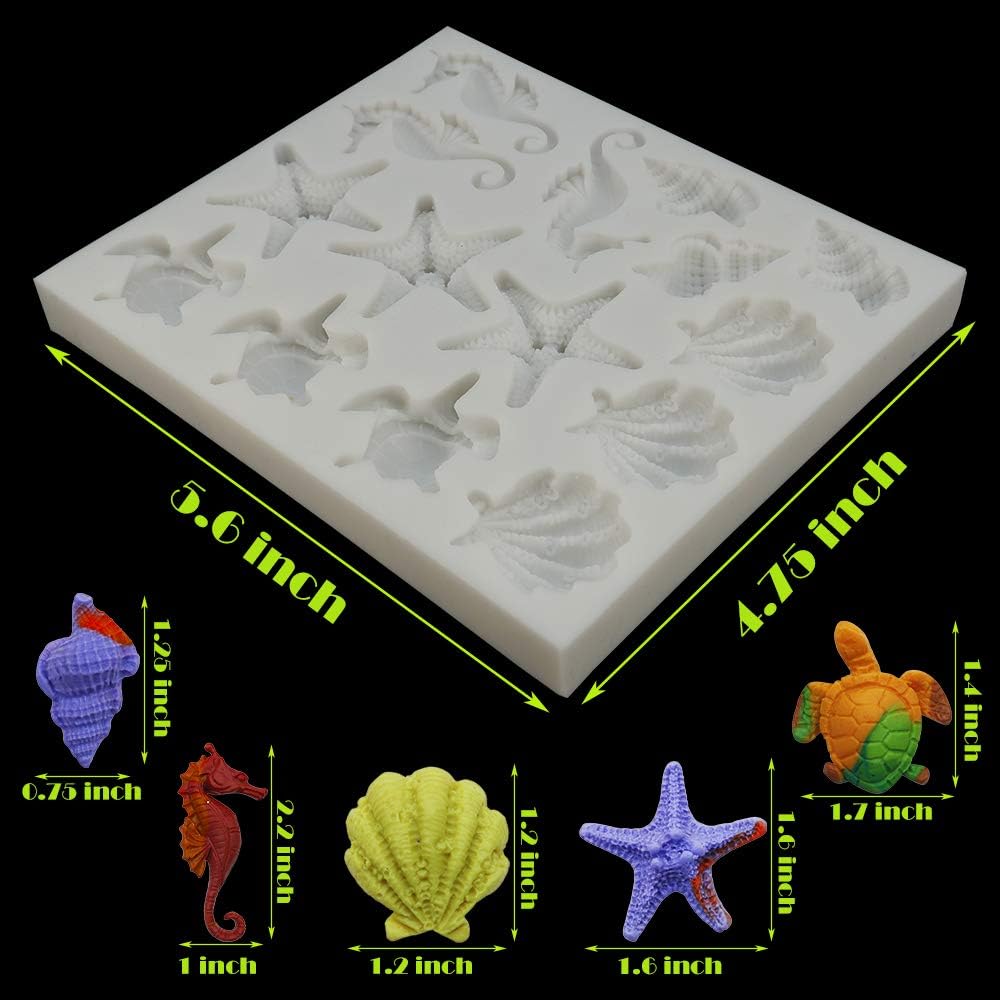 Sakolla Marine Theme Fondant Silicone Molds, Seashell, Conch, Seahorse, Starfish, Tortoise Silicone Mold for Cake Decoration, Chocolate Candy Sugar Craft