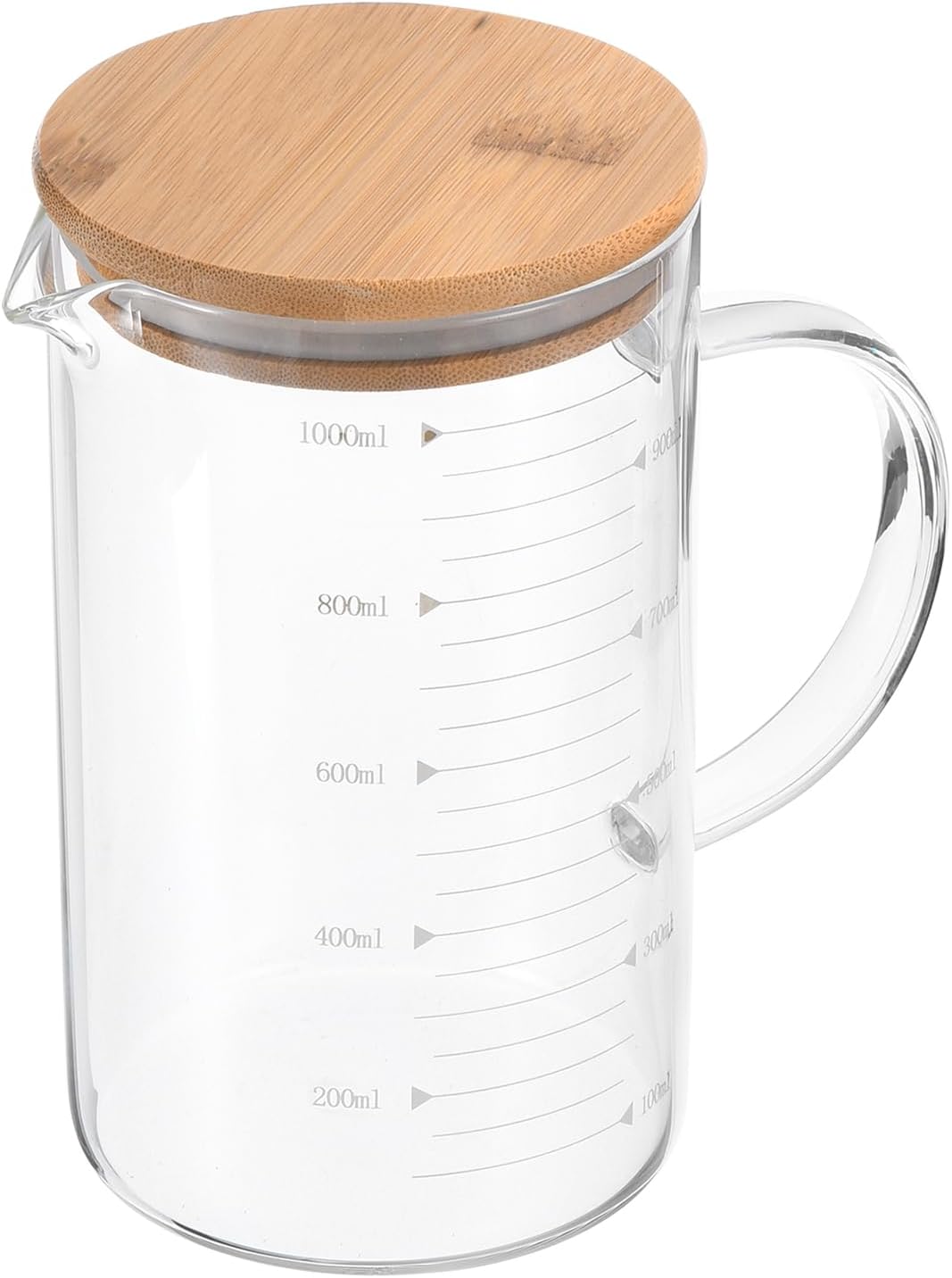 PATIKIL 1000ml Glass Measuring Cup, 3.3 Borosilicate Glass Graduated White Printed Scale Liquid Measure Cups Beaker with Wood Lid and V-Shaped Spout for Kitchen