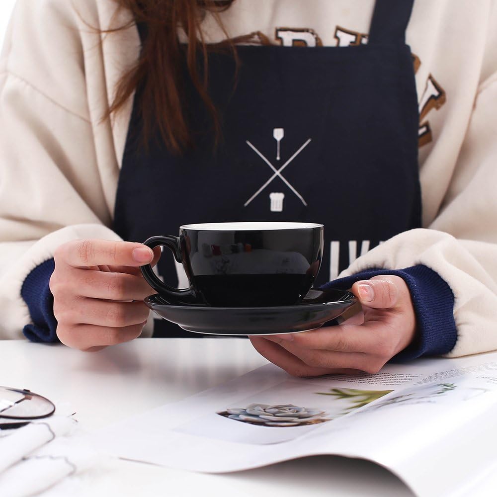 Latte Art Cup and Saucer for Latte & Cappuccino New Bone China, Mate for Coffee Shop and Barista (Glossy Black, 10.5 oz)