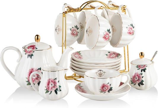 Porcelain Tea Sets British Royal Series, 8 OZ Cups & Saucer Service for 6, with Teapot Sugar Bowl Cream Pitcher Teaspoons and Tea Strainer, Suitable for High Tea, Wedding, Party