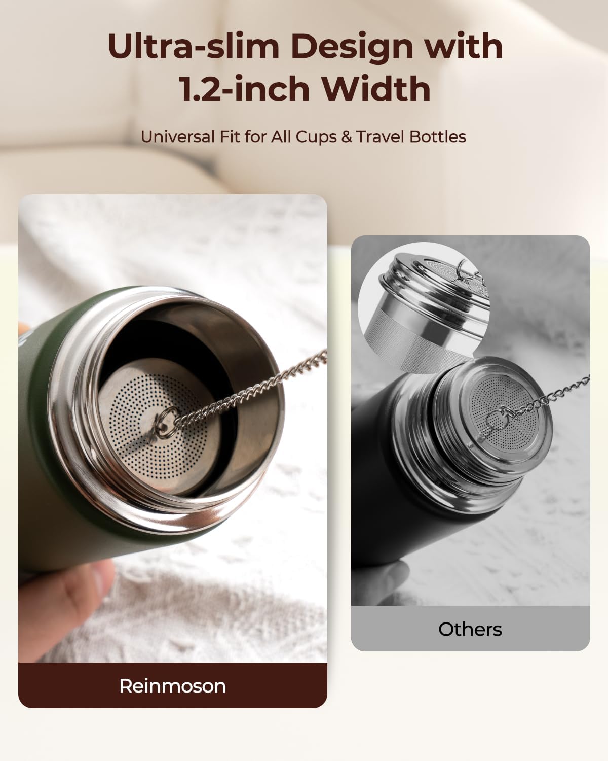 Reinmoson Mini Tea Strainers for Loose Tea, Extra Fine Mesh Tea Infuser, 304 Stainless Steel & Updated Slim Threaded Lid, Loose Leaf Tea Steeper for Black Tea, Rooibos, etc