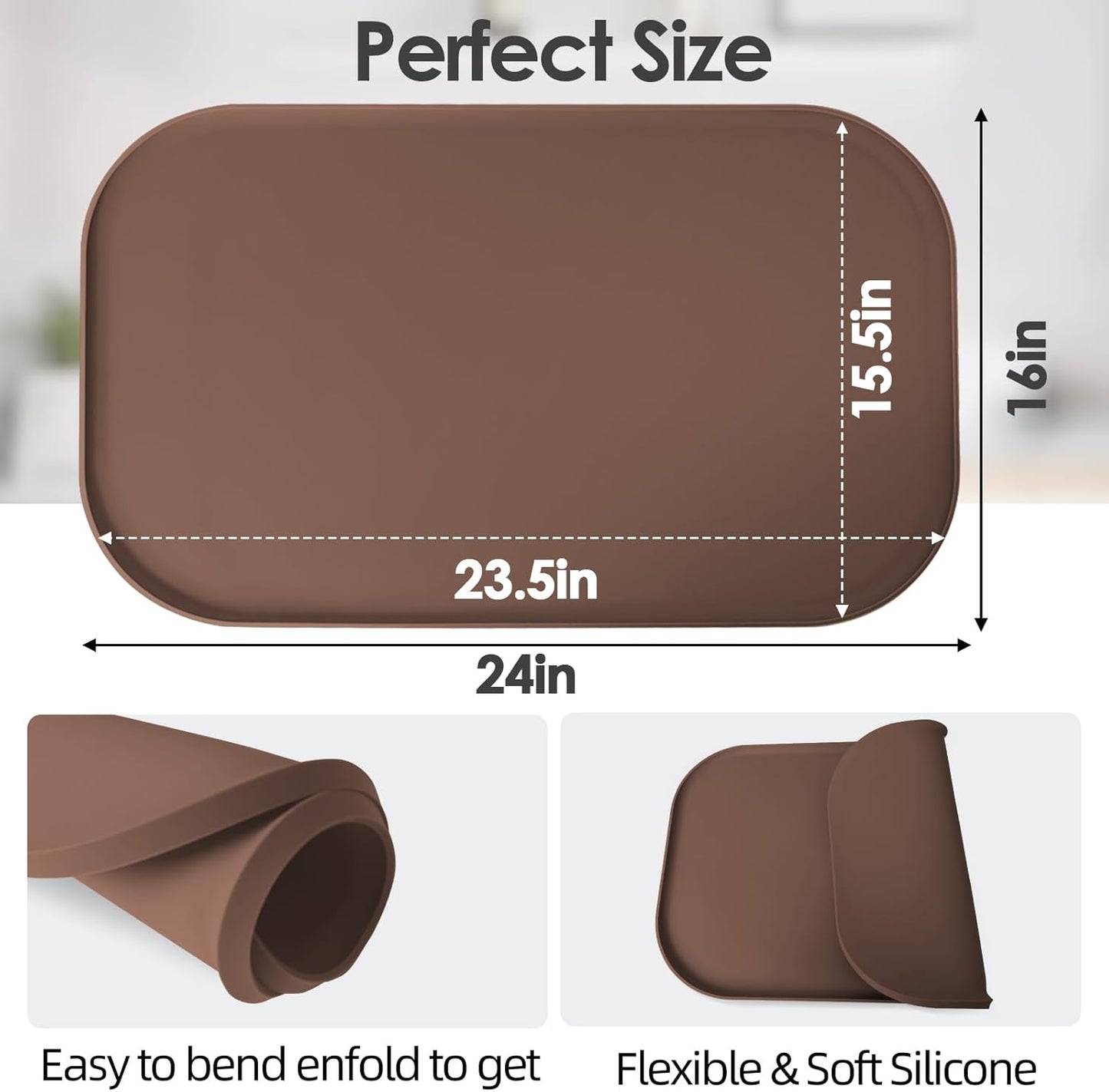 Silicone Coffee Maker Mat with Lip, 24'' x 16'' Heavy Duty Coffee Maker Mat for Countertops, Coffee Tray Fit Under Coffee Machine Appliance Automatic Machines Espresso Accessory, Brown