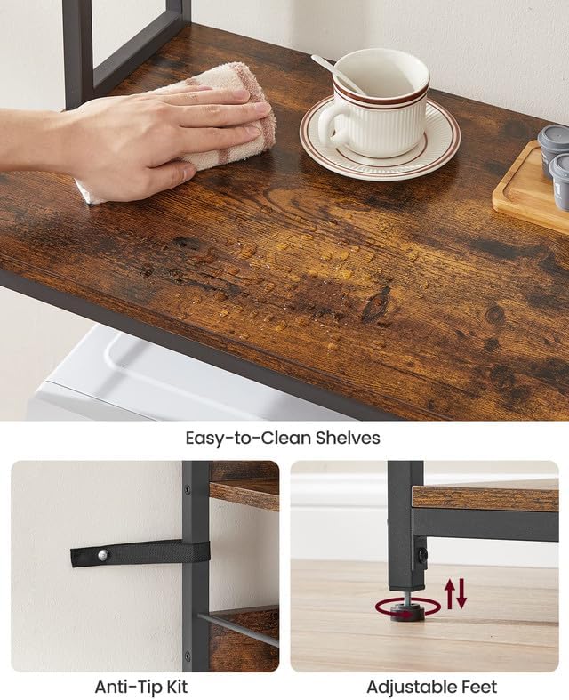 VASAGLE Hutch Bakers Rack with Power Outlet, 14 Hooks Microwave Stand, Adjustable Coffee Bar with Metal Wire Panel, Kitchen Storage Shelf, 15.7 x 31.5 x 66.9 Inches, Rustic Brown and Black UKKS025B01