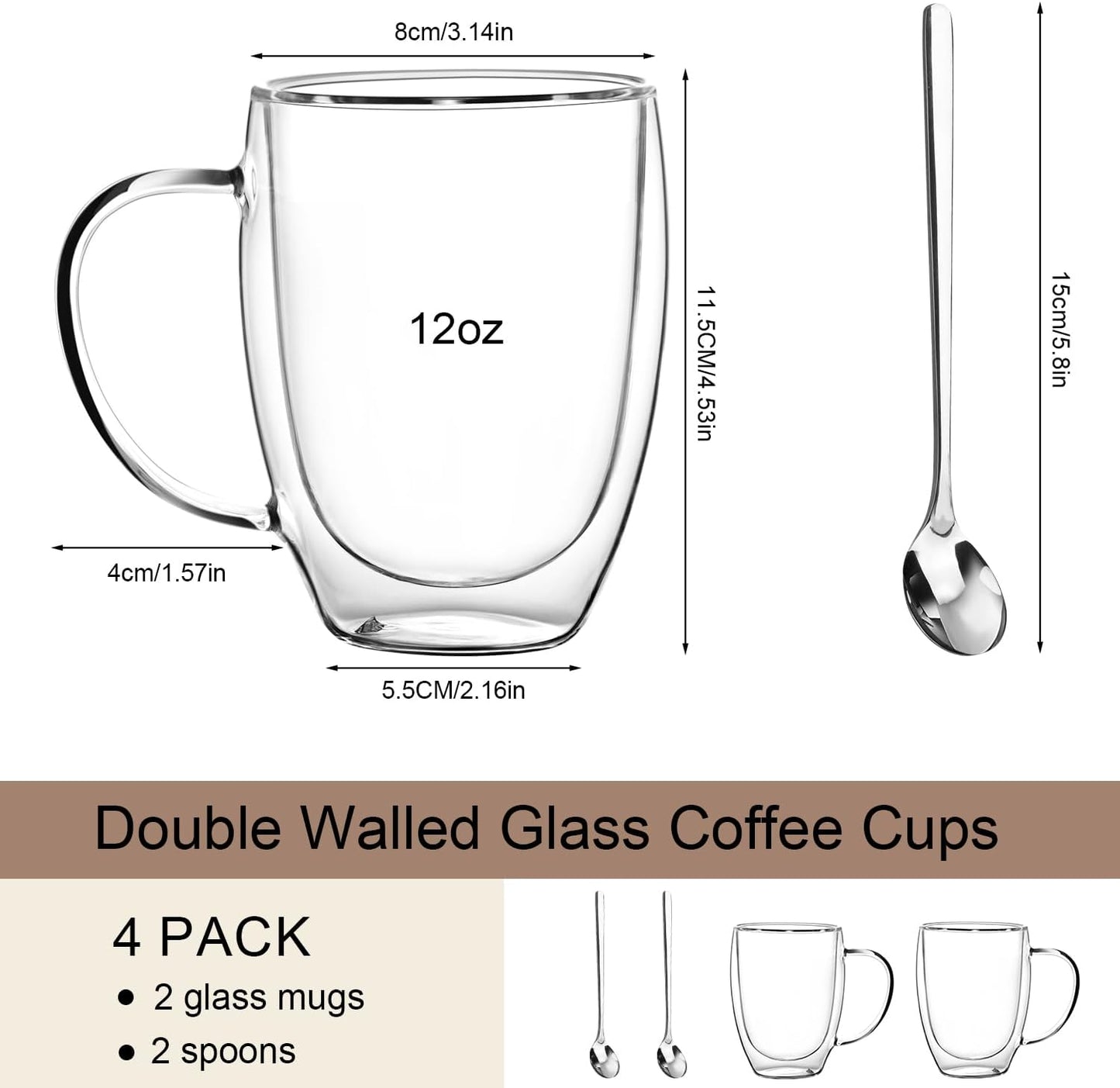 Double Wall Glass Coffee Mugs 12 OZ, Clear Coffee Cup With Handle,Insulated Coffee Mugs Set of 2 With Spoons Perfect for Espresso, Cappuccino, Latte, American,Tea Bag, Beverage