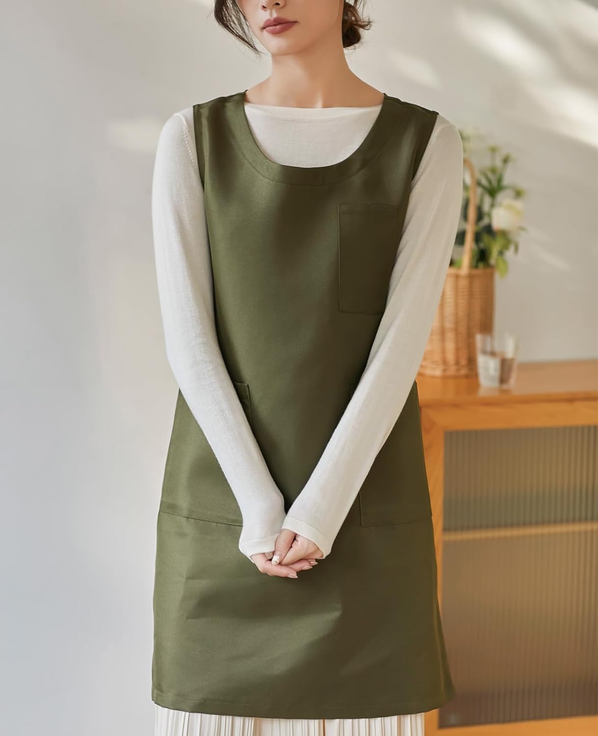 Women Cobbler Apron Japanese Style Aprons with 3 Pockets for Work Chef Kitchen