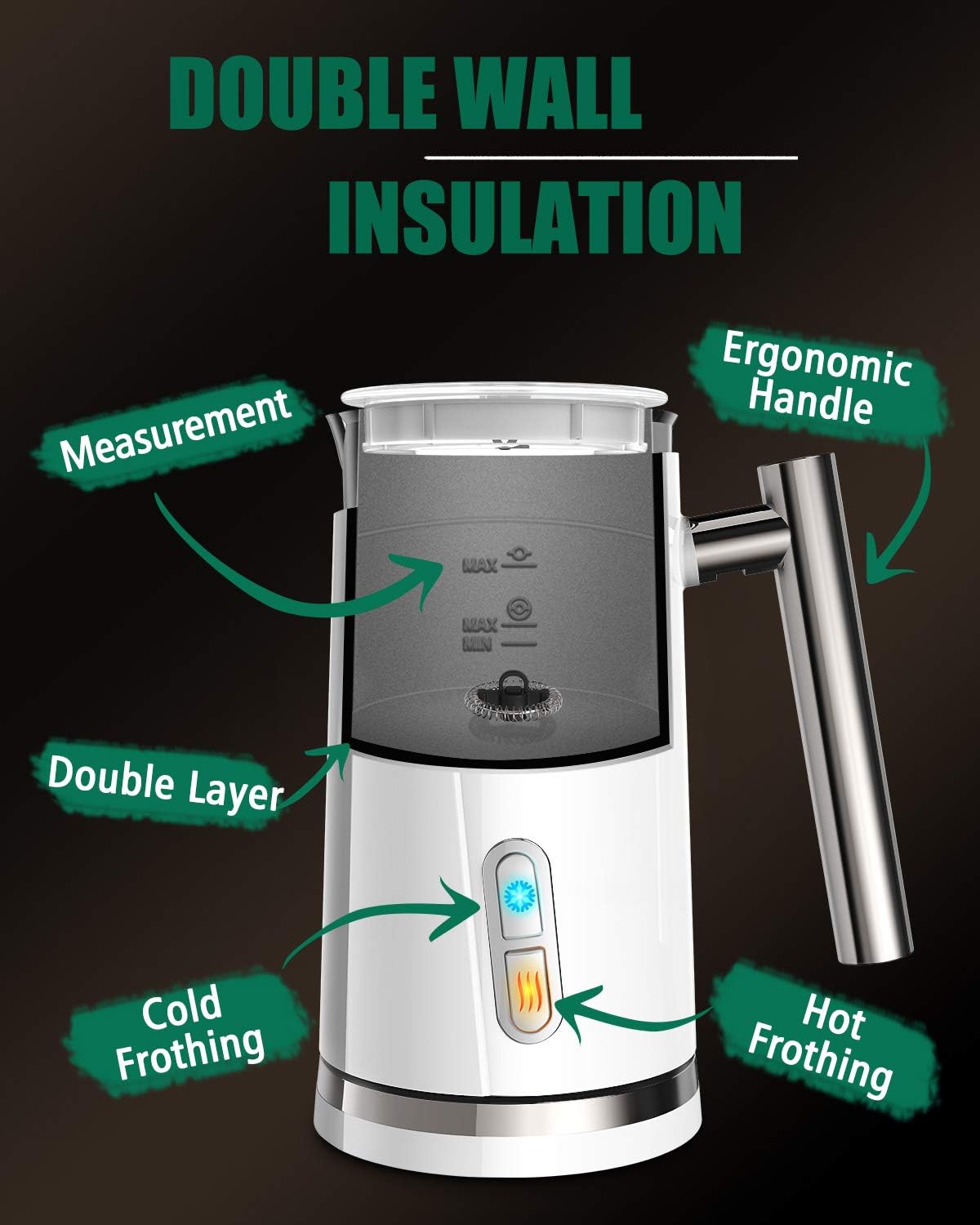 Huogary Milk Frother, Milk Steamer for Milk Foam & Hot Milk(4.5oz/10.5oz), Electric Milk Frother and Warmer for Homemade Coffee, 120V (white)