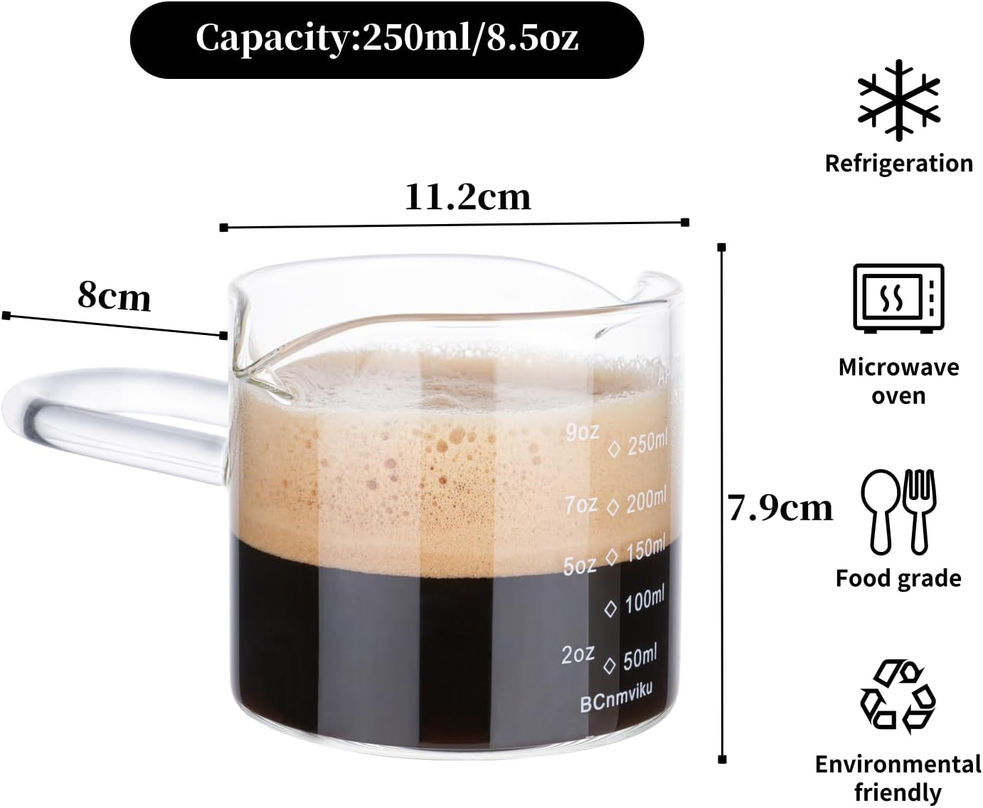 BCnmviku 250ML/8.5OZ Espresso Glass Measuring Cup Triple Pitcher Milk Cup Espresso Cups with U-shape Handle Espresso Shot Glass with V-Shaped Mouth Clear Accessories Milk Frothing Pitcher (1)