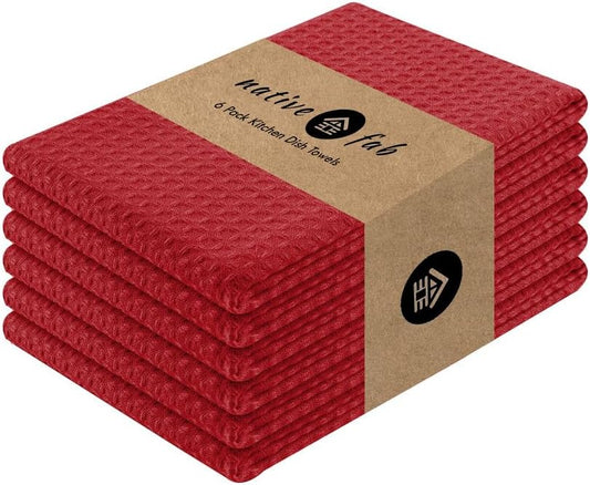 Native Fab Cotton Kitchen Towel with Hanging Loop 16x26 inches, 6-Pack, Waffle Weave Kitchen Towels for Cleaning Drying, Washcloths Soft & Absorbent Cloth Rags, Bar Towel, Dish Cloth, Red