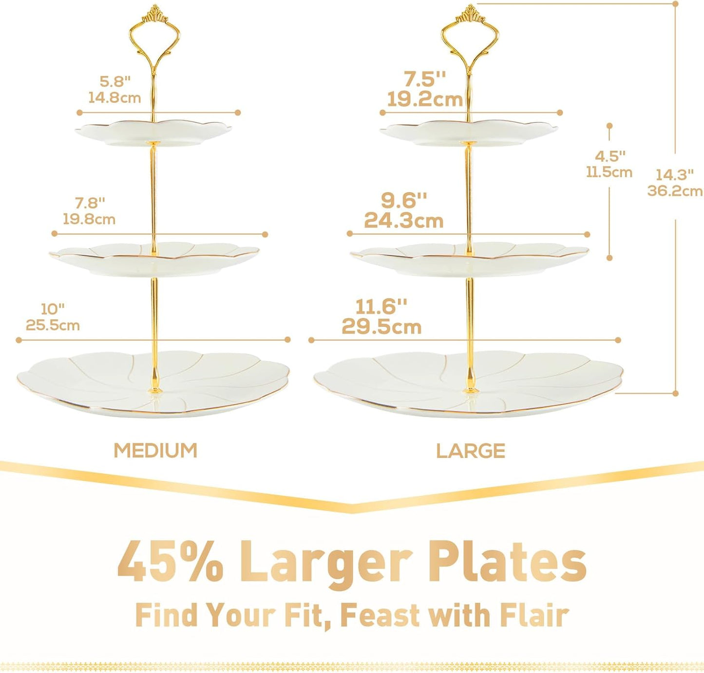 DUJUST Luxury Larger 3-Tier Cupcake Stand Tower, British Style Porcelain Serving Tray with Golden Trim, Food Grade Dessert Display Stand for Tea Party & Home Décor - 45% Larger Plates