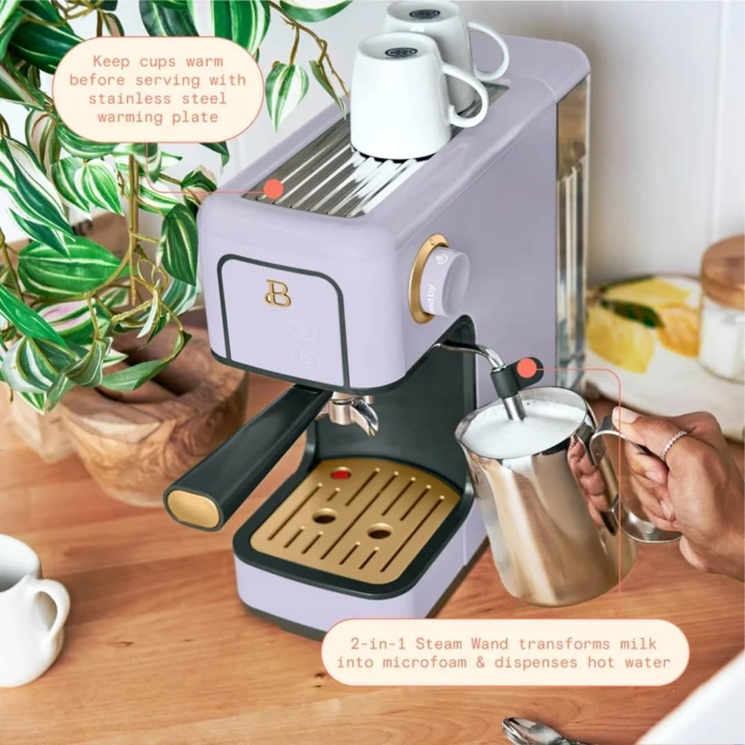 Beautiful Slim Espresso Maker by Drew Barrymore – 20‑Bar Pressure, Dual‑Spout 52 mm Portafilter, 50 oz Removable Tank, 2‑in‑1 Steam Wand & Touch Controls (Lavender)