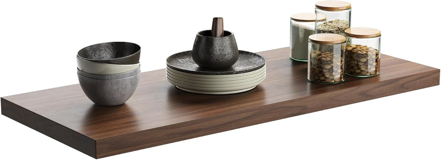 Wall Shelf Set of 1, Walnut Floating Shelves 24 in W x 10 in D x 1 in H, Wooden Floating Wall Shelf with Invisible Brackets for Living Room/Bedroom/Bathroom/Kitchen Storage and Decor
