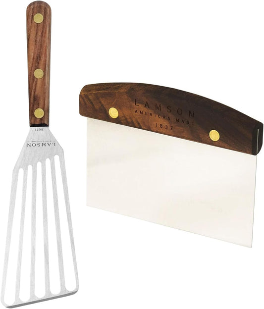 Lamson 3" x 6" Dough (Bench) Scraper and 3' x 6" Chef's Slotted Turner with Walnut Handle - Right-Hand