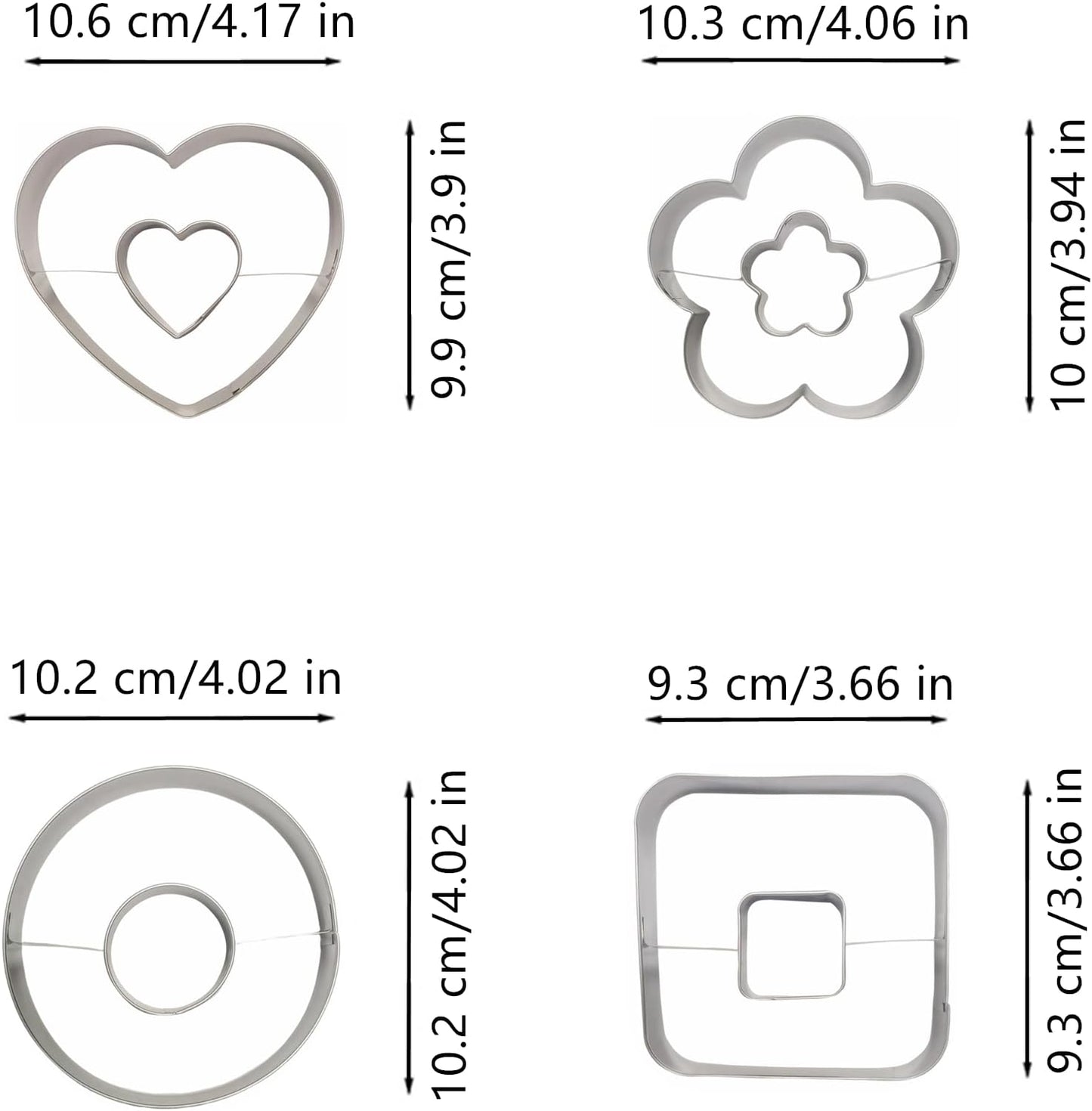 Large Size Donut Design Cookie Cutters Set of 4 pcs, Stainless Steel 4 Shapes Cream-filled Doughnut Fondant Cutter Molds Baking DIY (Round + Square + Heart + Flower)