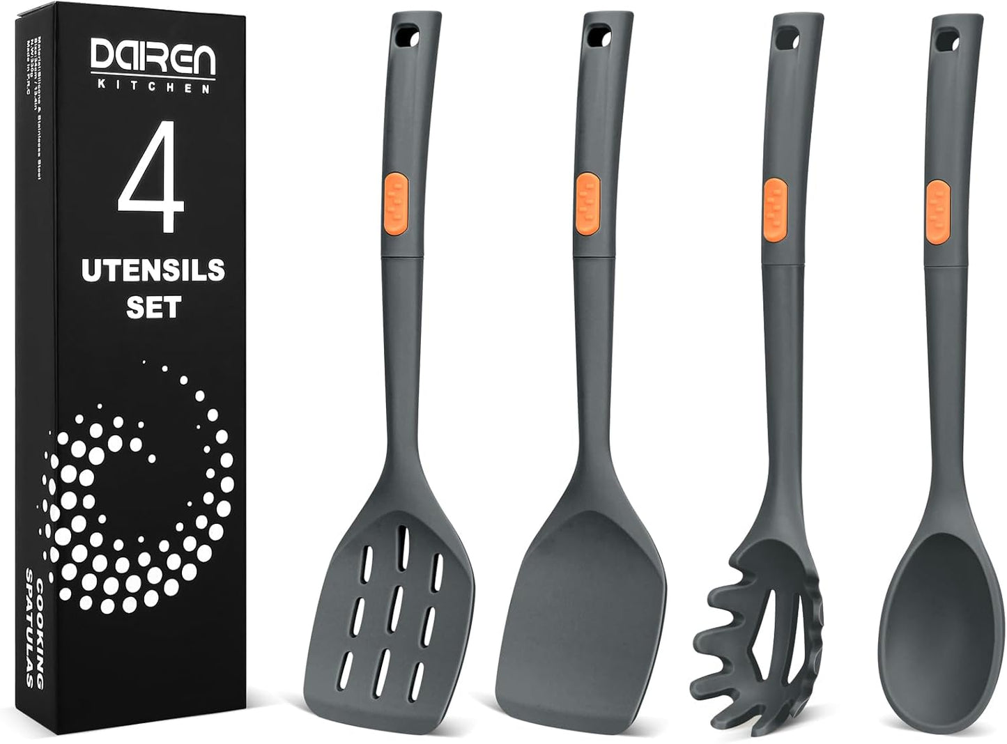 Silicone Spatulas and Spaghetti Spoons, 4 Pack Heat Resistant Full Silicone Cooking Utensils Set, Non Stick Large Kitchen Spatula Spoons for Cooking, Mixing, Serving, Draining