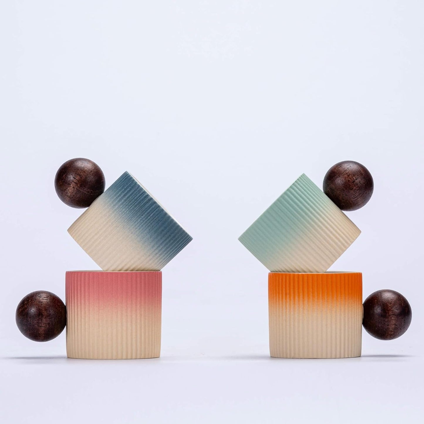 Ceramic Mini Espresso Cups Demitasse Cups with Round Wooden Handle Vertical Stripes Tea Cups (Beige&Green, 2pcs)