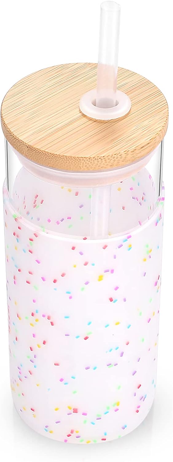 Tronco 20 oz Glass Tumbler Glass Water Bottle Straw Silicone Protective Sleeve Bamboo Lid - BPA Free (Colorful spots/ 1pack)