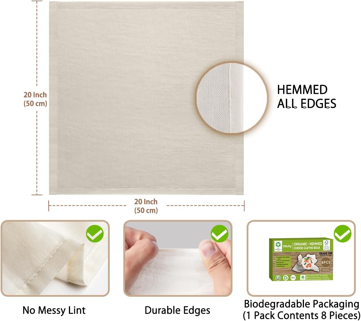 Organic Cheese Cloths, GOTS Certified, 8PCS, Grade 100, 20x20Inch Hemmed Cheese Cloth Fabric Reusable Fine Mesh Cloth, 100% Cotton Unbleached Muslin Cheesecloth for Straining, Cooking, Baking, Cheese