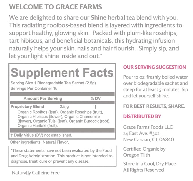 Grace Farms SHINE Wellness Organic Tea Blend (16 Pyramid Sachets) | Hydrating Tea For Skin and Detox | Rooibos, Rosehips, Hibiscus, Tulsi, and Haritaki | Fairtrade and Kosher | Gives Back 100% of Profits