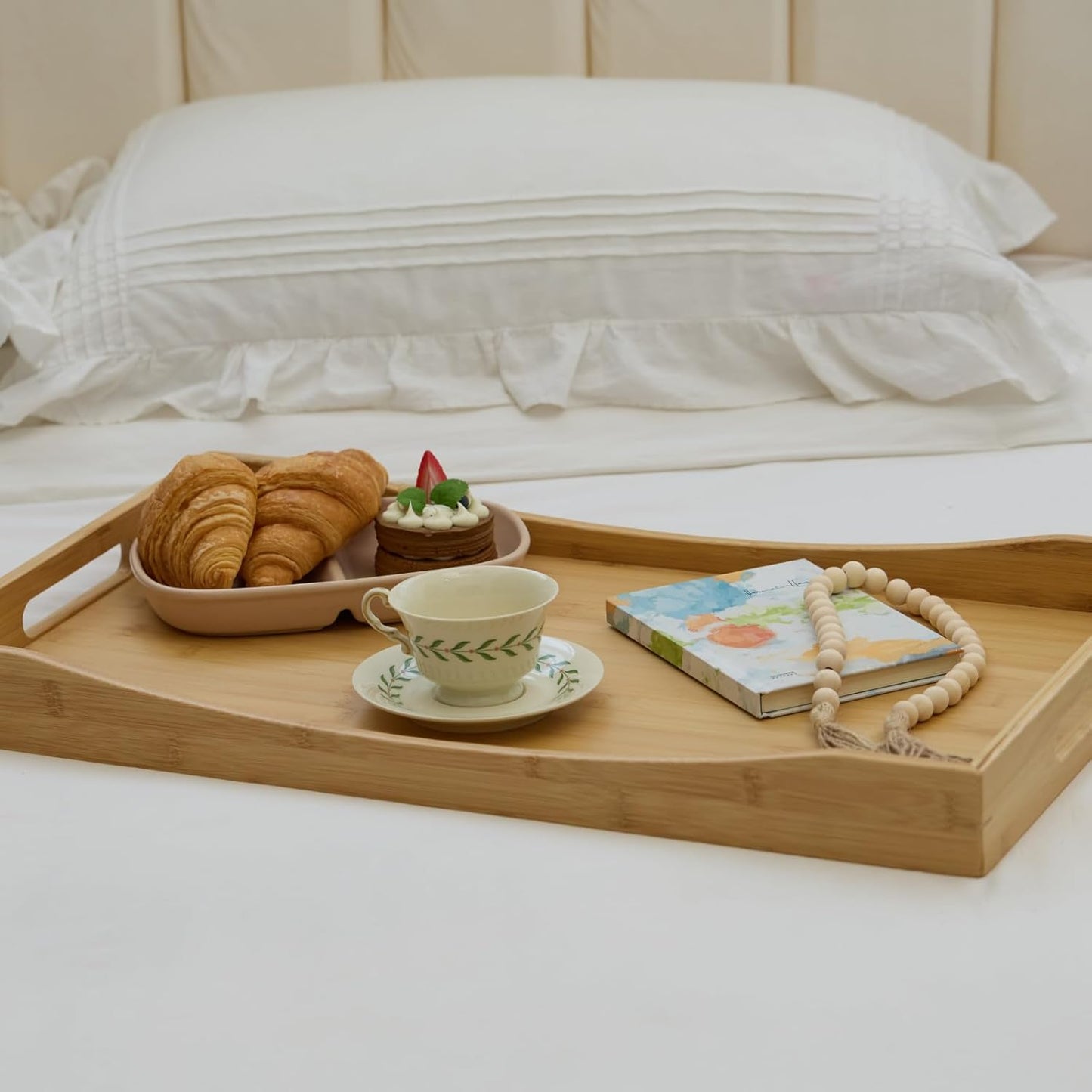 GOBAM Bamboo Extra Large Ottoman Tray, 26 x 15 inches - Wooden Tray for Dining Table & Parties, Serving Tray with Handles for Food, Cheese, Snacks, Tea, Coffee & Wine