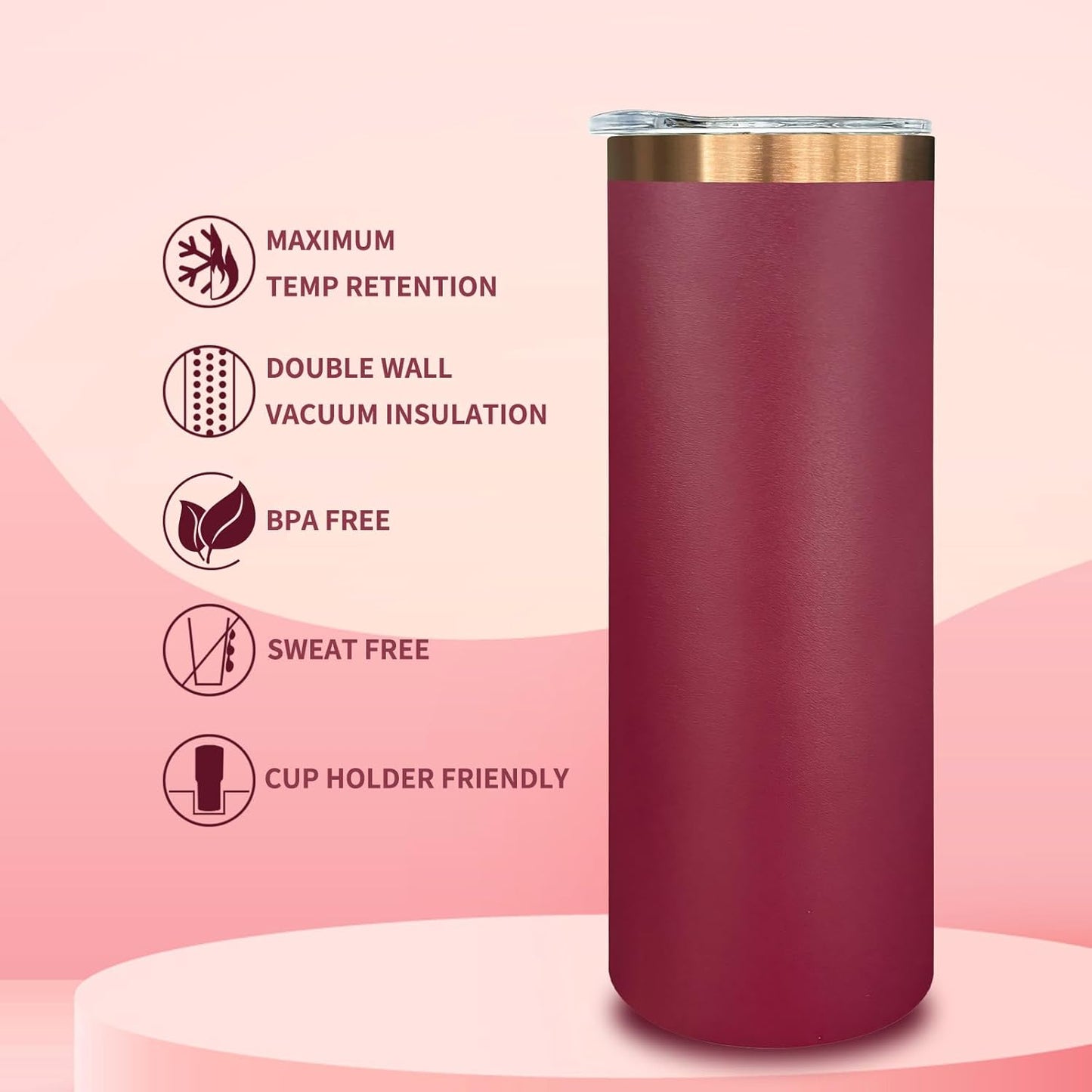 20 oz Skinny Tumblers Bulk, Stainless Steel Insulated Tumbler with Lids and Straws, Slim Double Wall Powder Coated Travel Coffee Mugs, Reusable Cup for Hot and Cold Drinks (Red,1 pack)