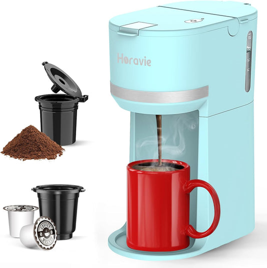 Mini Single Serve Coffee Maker for K Cup and Ground Coffee, Fast Brew One Cup Coffee Machine with Descaling Reminder and Water Window, 6 to 12 oz. Brew Sizes, Light Blue