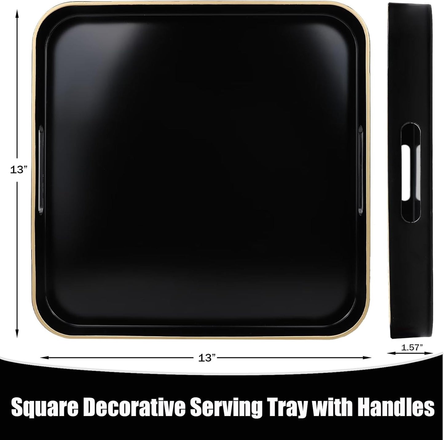 Black Square Decorative Tray with Handles, 13"*13" Versatile Serving Tray for Coffee Table, Ottoman, Ideal for Serving, Displaying, Organizing