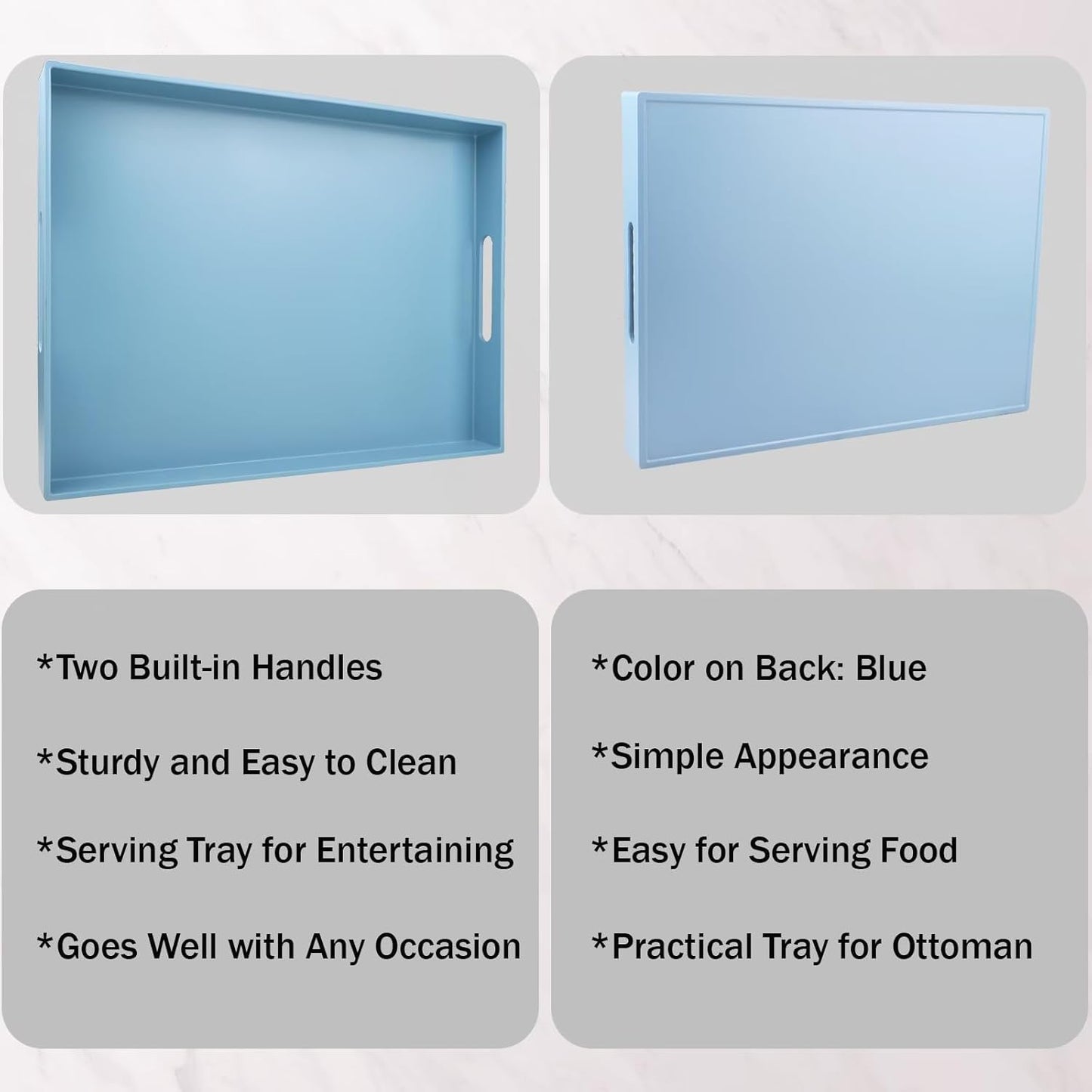 Blue Serving Tray for Coffee Table, Rectangular Plastic Decorative Tray with Handles for Entertaining, Outdoor Patio, Living Room, Ottoman, Bathroom Counter, 11.8”*15.7”*1.6”