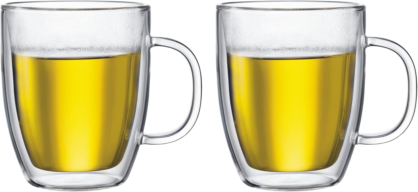 Bodum 15oz Bistro Double Wall Insulated Mug, High-Heat Borosilicate Glass, Set of 2, Clear