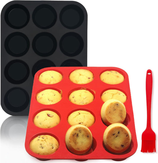Silicone Muffin Pan Set,2 Pcs 2.8" 12 Cups Egg Bite Mold,Non-Stick,Easy Release,For Egg Muffins, Cupcakes, Large Muffins,Pizza Muffins,Cheesecakes(Black + Red)