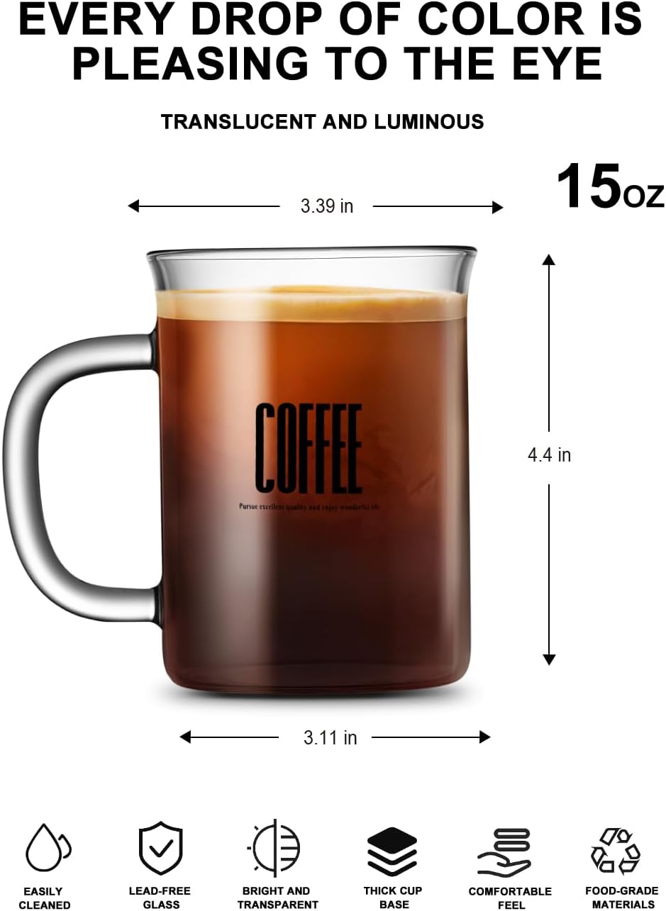 2pcs Set Glass Coffee Mugs 15oz Bell Mouth Glass Coffee Cups Clear Large Tea Cups,Cute Coffee Bar Accessories,Iced Coffee Glasses,Lead-Free Glass Cups for Water,Latte,Milk-Flat Bottomed Design