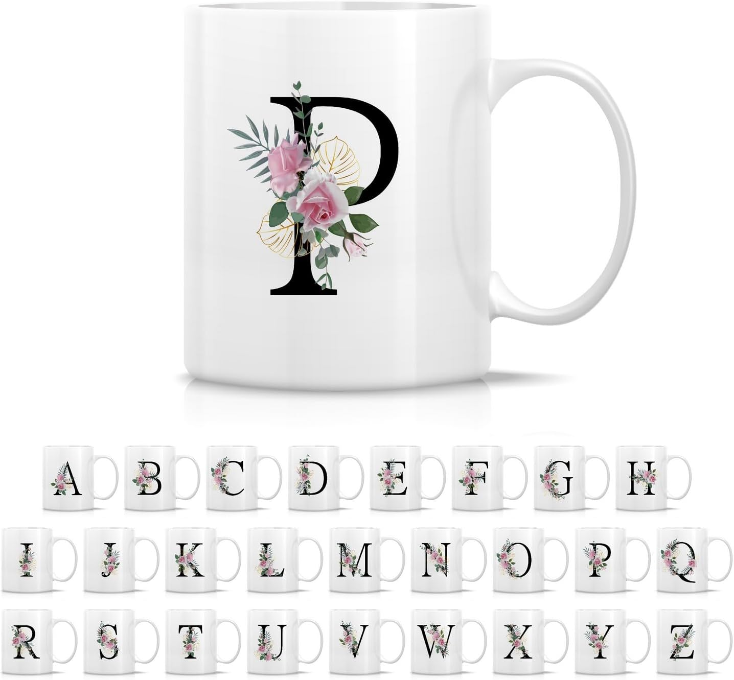Retreez Initial A-Z Floral Botanical Bouquet Alphabet Monogrammed Monogram Mug 11 Oz Ceramic Tea Coffee Mugs - Appreciation Thank You Wedding Birthday Gifts for her friend coworker sister - P Initial
