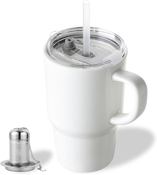 Sweejar Ceramic Travel Mug with Lid, 16 oz Portable Coffee Mug, Dishwasher Safe Tea Cup with Infuser, Reusable Teacup for Car Cup Holder, Tea Lovers(White)