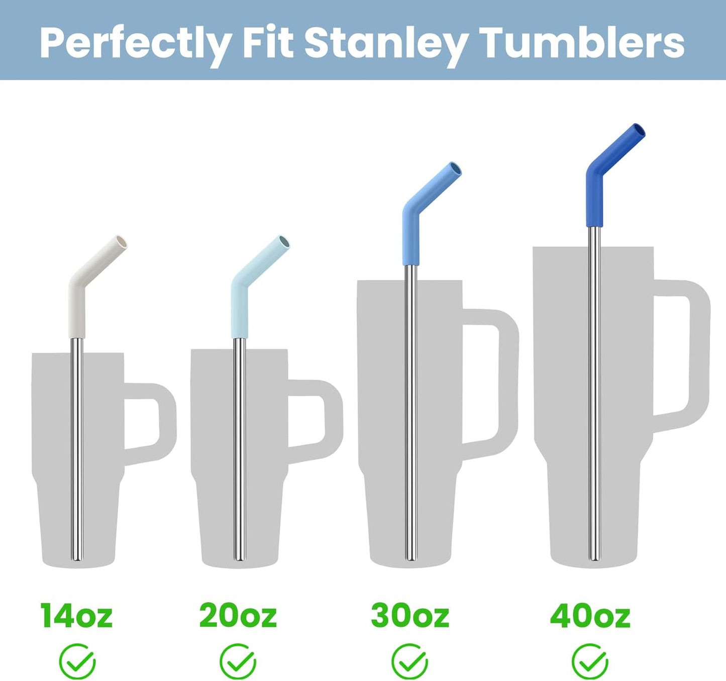 Tomorotec 6-Pack Reusable Stainless-Steel Straws with Silicone Tips, 3 Sizes Compatible with Stanley Tumblers 40OZ 30OZ 20OZ 14OZ, Dishwasher Safe, Includes 2 Cleaning Brushes (Ocean Gradient)