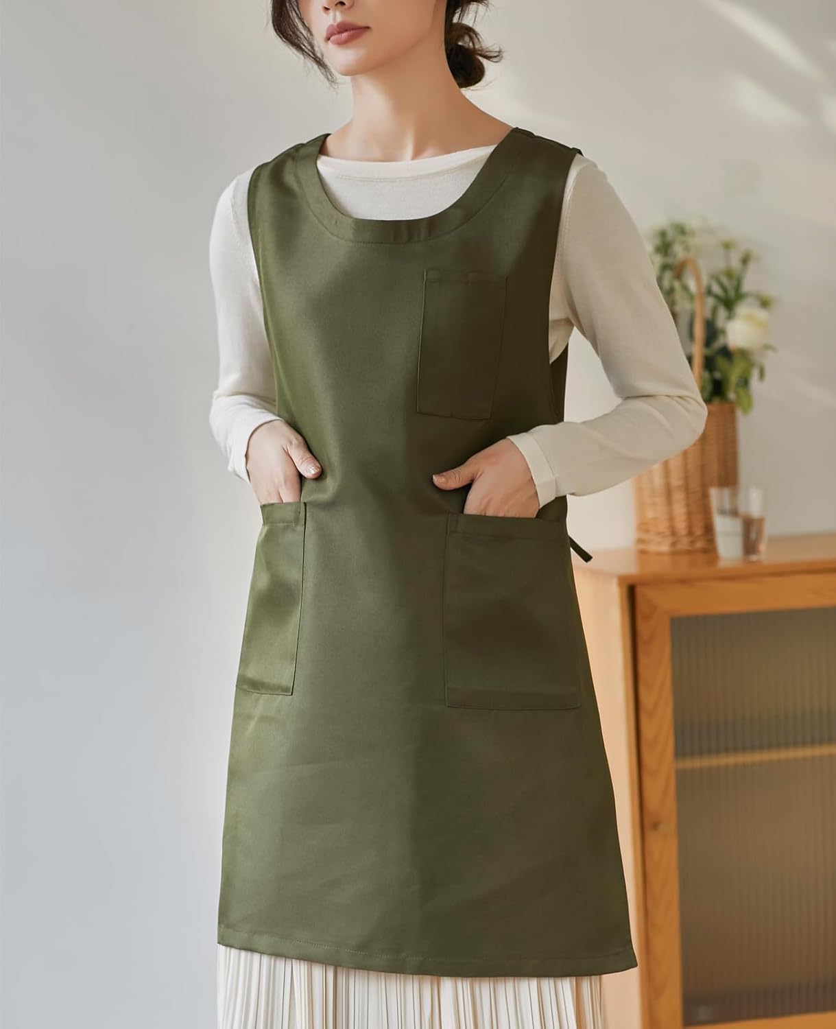 Women Cobbler Apron Japanese Style Aprons with 3 Pockets for Work Chef Kitchen