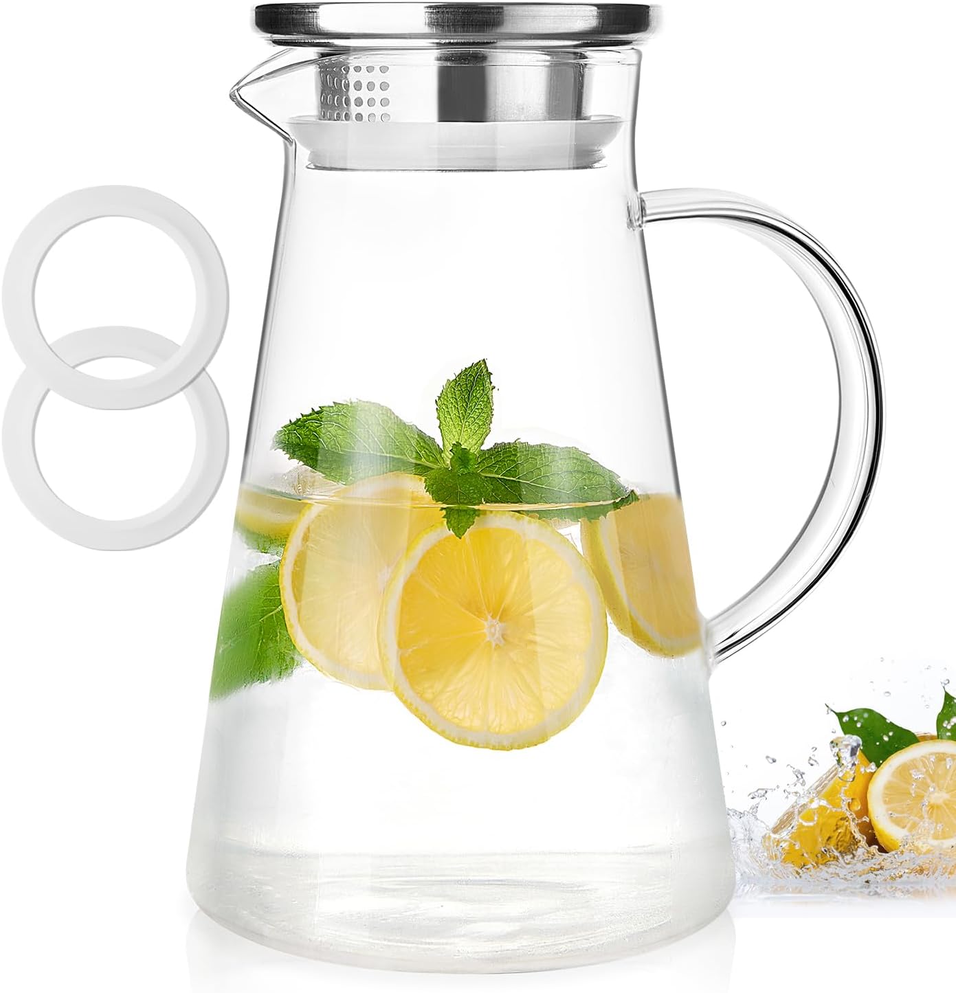 Glass Pitcher with Lid and Handle, 2 Liter 68oz Water Pitcher with Spout for Fridge, Borosilicate Glass Jug for Hot/Cold Drink, Large Ice Tea Carafe for Juice, Coffee, Sangria, Beverage