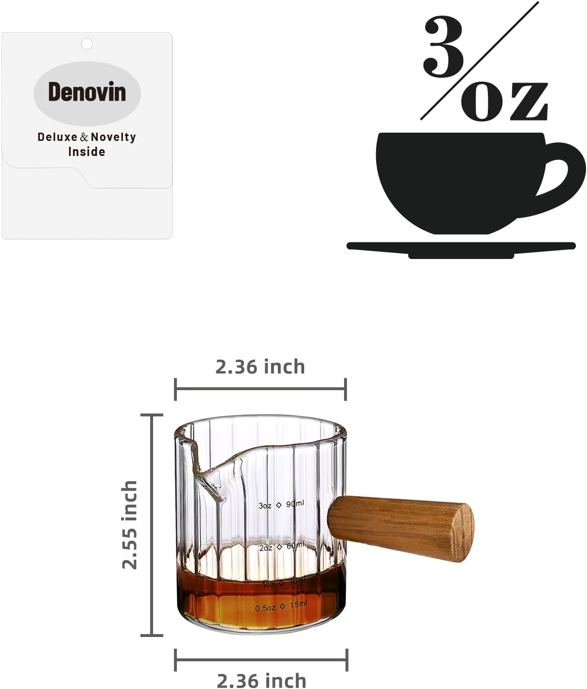 Glass Measuring Cup, 3oz Espresso Shot Glass with Wood Handle, Single Spout Clear Measuring Cups Pitcher Milk Cup Coffee Shot Glasses (Transparent Ribbed)