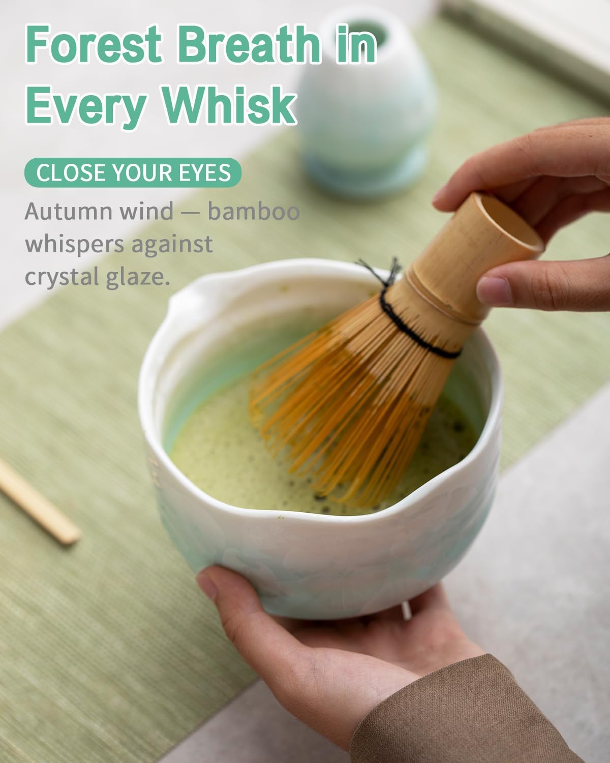 Natural Crystal Flower Matcha Set - 4 Pcs Food Grade Matcha Kit with Spouted Bowl, Matcha Whisk, Scoop and Chasen Holder - Matcha Tea Ceremony Gift for Matcha Lovers (Pine Shadow)