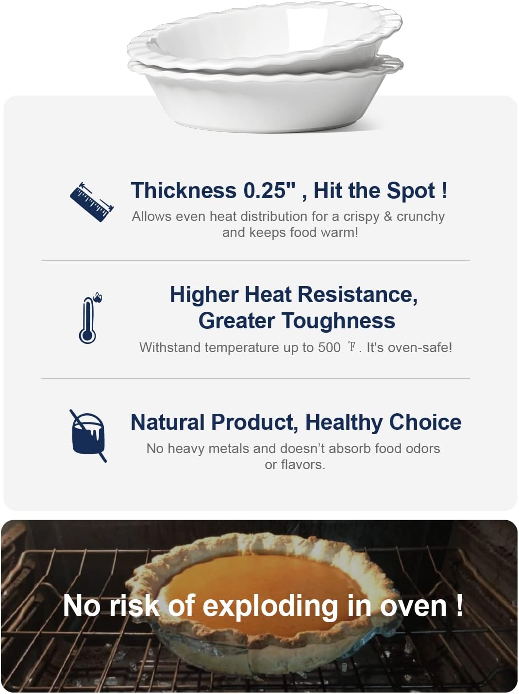 LE TAUCI Ceramic Pie Pans Plate for Baking, 9 inch Deep Dish Baking Dish, 52 ounce Bakeware for Apple Pecan Pie, Set of 2, White