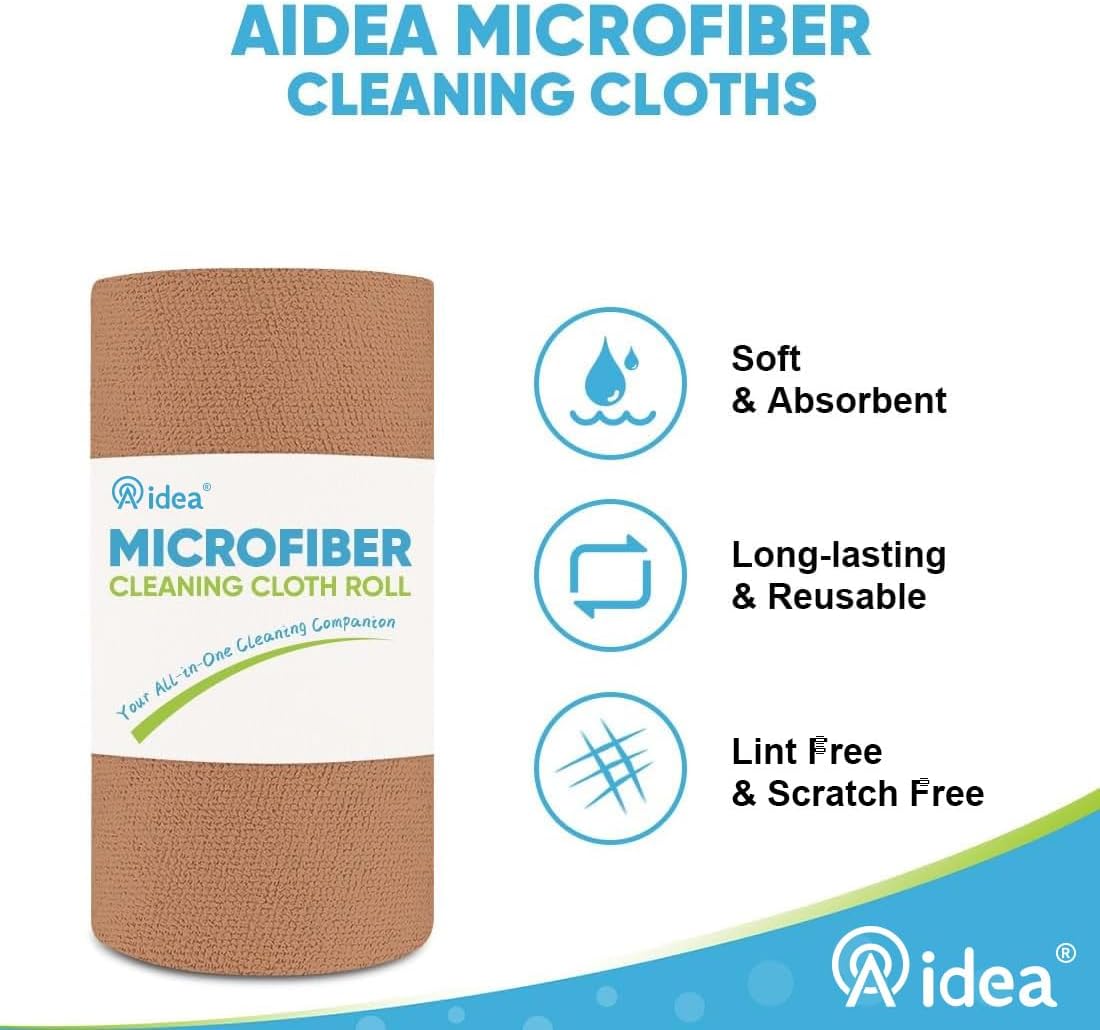 AIDEA Microfiber Cleaning Cloth Roll, 50PK, Reusable Paper Towels Tear Away Cloth, Microfiber Towels Washable Shop Rags, Lint Free Cleaning Rags for House, Kitchen, Window, 11.5"×11.5", Coffee