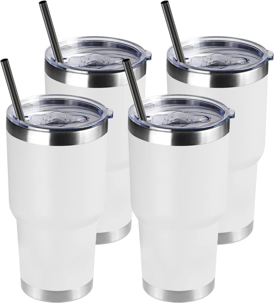 DOMICARE 30 oz Tumbler with Lid and Straw, Stainless Steel Tumblers Bulk, Insulated Vacuum Double Wall Travel Coffee Mug, Durable Powder Coated Tumbler Cups (White, 4)