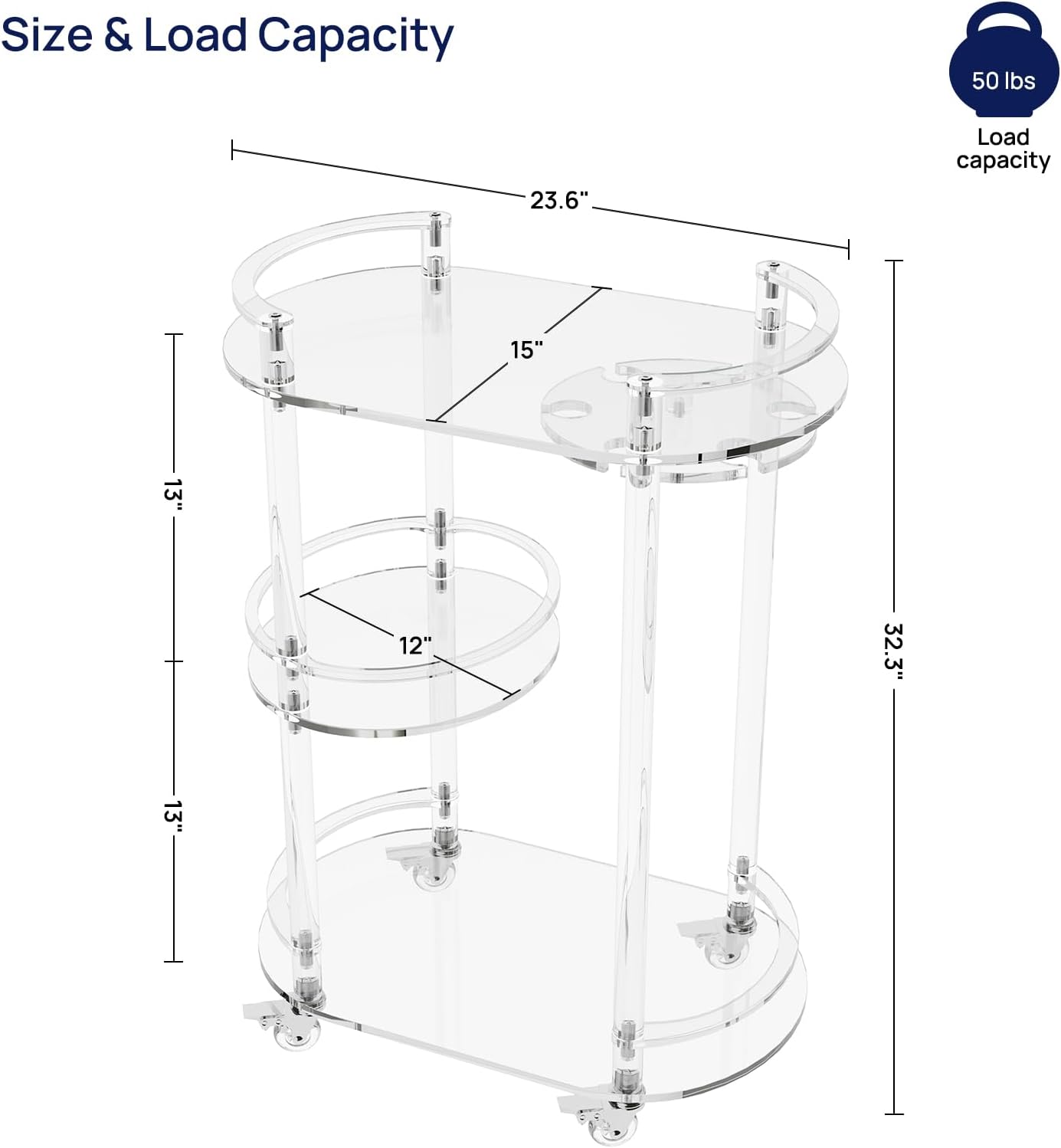 HMYHUM Acrylic Bar Cart with 4 Lockable Wheels, Clear Home Beverage Cart with Glass Holder, 3-Tier Rolling Serving Cart for Kitchen, Dining Room, Modern, Oval, 15''D x 23.6''W x 32.3''H