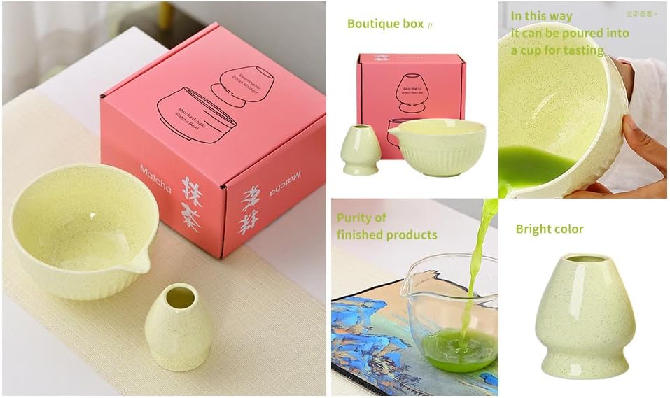 Matcha Tea Set, Glazed Ceramic Bowl and Whisk Holder, Light Yellow, 2-Piece