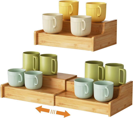 2-Tier Expandable Coffee Mug Holder, Mug Organizer for Kitchen Cabinets, Bamboo Mug Cup Rack, Multi-Functional Cup Holder Shelf, Coffee Bar Organizer, Home