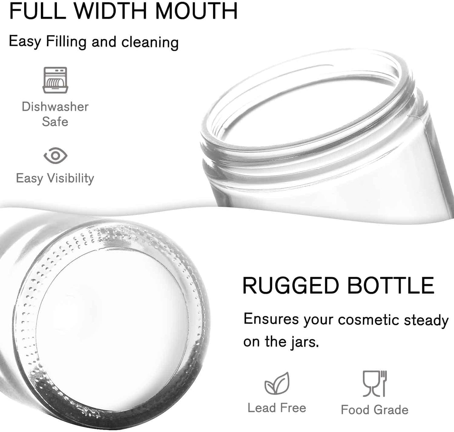 2 oz Round Clear Glass Jars, Bumobum 70 pack Cream Jars with Black Lids, Black and White Labels & Inner Liners, Empty Cosmetic Containers for Cream, Lotion