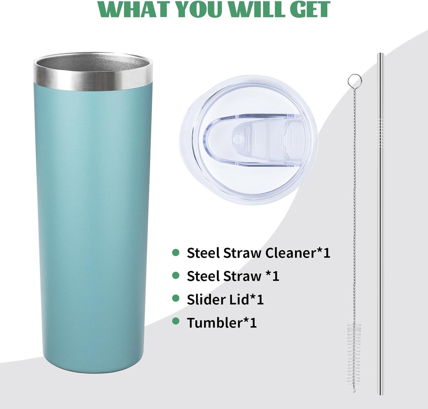 20 oz Skinny Tumbler with Lid and Straw,Stainless Steel Vacuum Insulated Tumbler Cup Double Wall Leak-proof Coffee Mug,Travel Thermal Water Tumbler for Home,Office,Outdoor (Glacier blue,1)