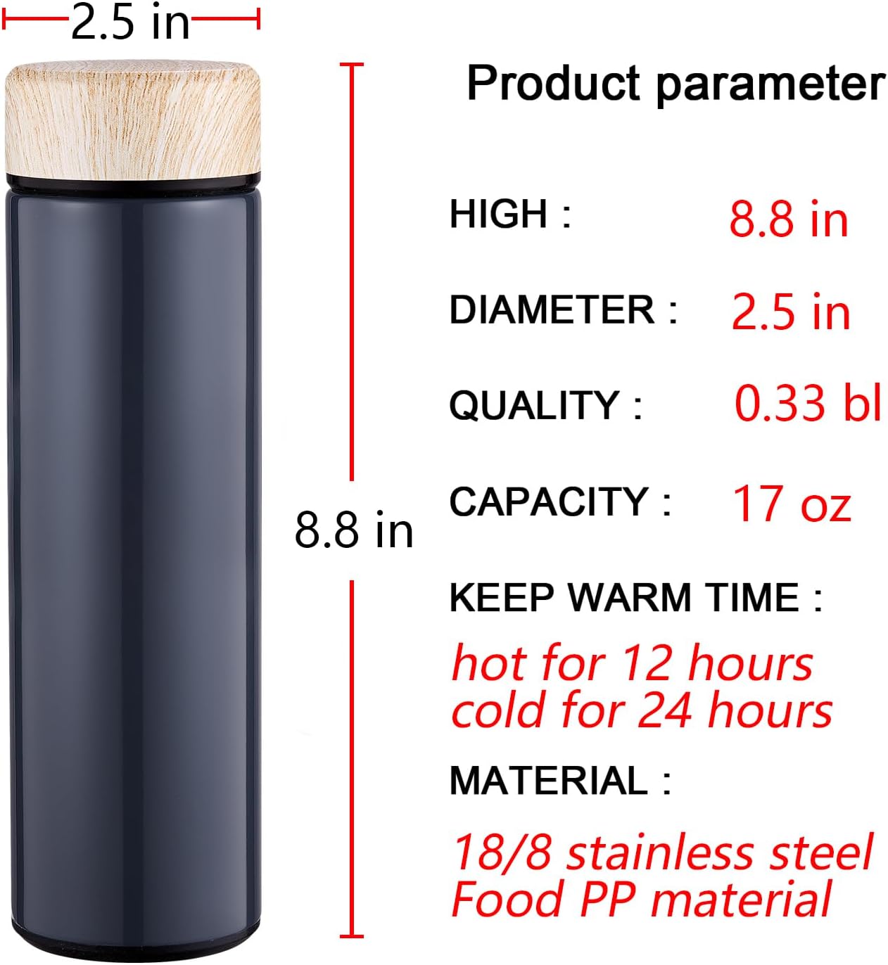 15oz Water Bottle Stainless Steel Thermos Flask - Insulated Vacuum, Leak Proof, Keeps Drinks Hot/Cold - Ideal for Coffee, Tea, Water - Grey